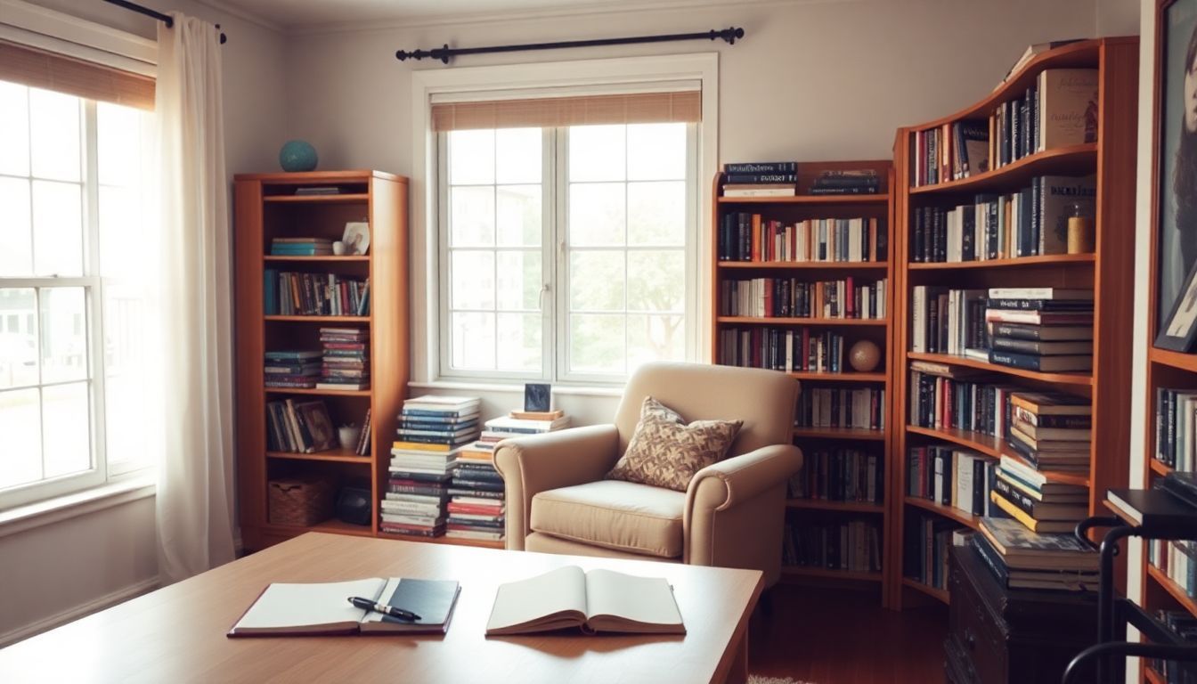A cozy room with an armchair, books, and a desk. A cozy room with an armchair, books, and a desk.