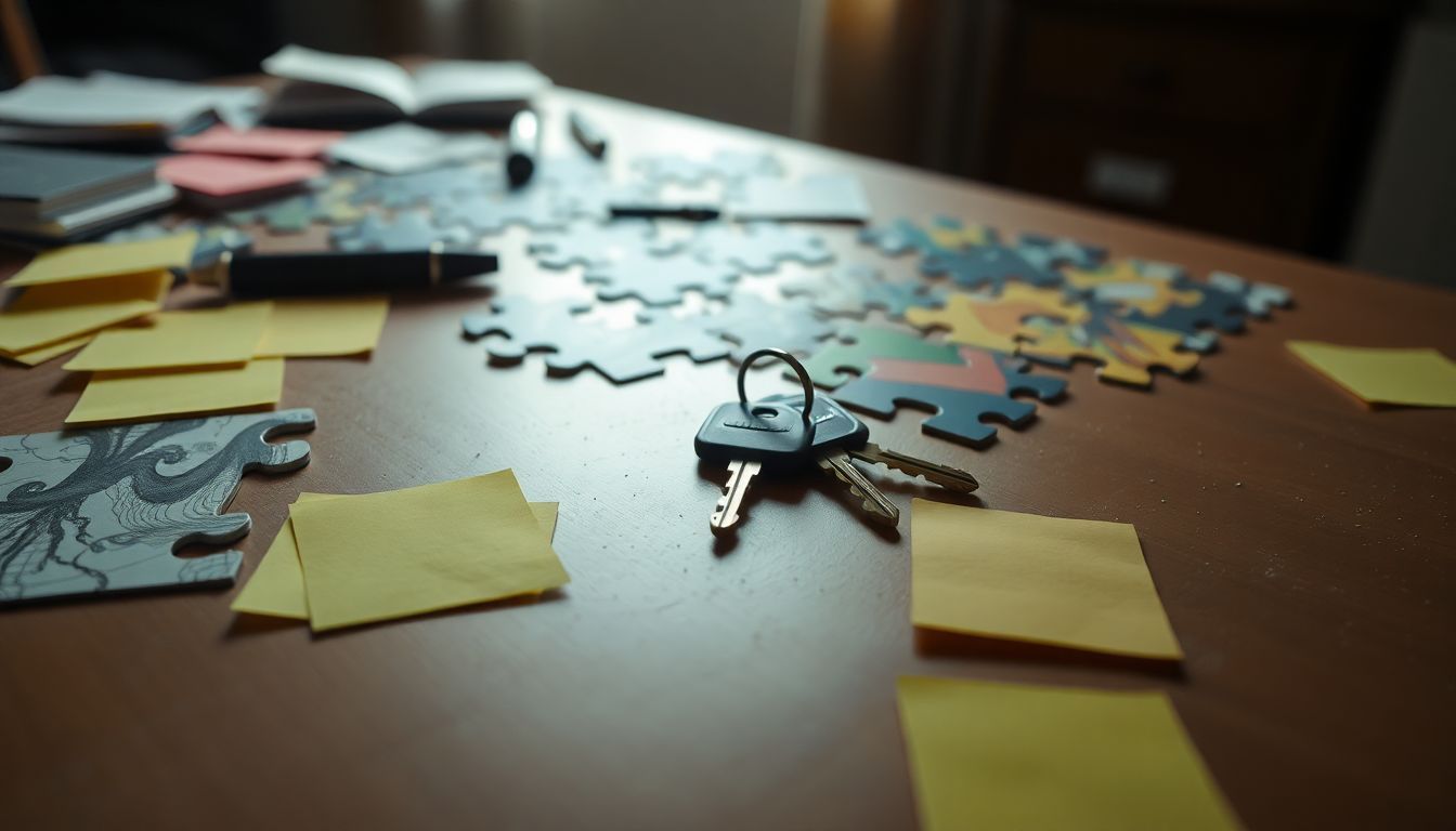 Two forgotten keys on cluttered table in neglected room. Two forgotten keys on cluttered table in neglected room.