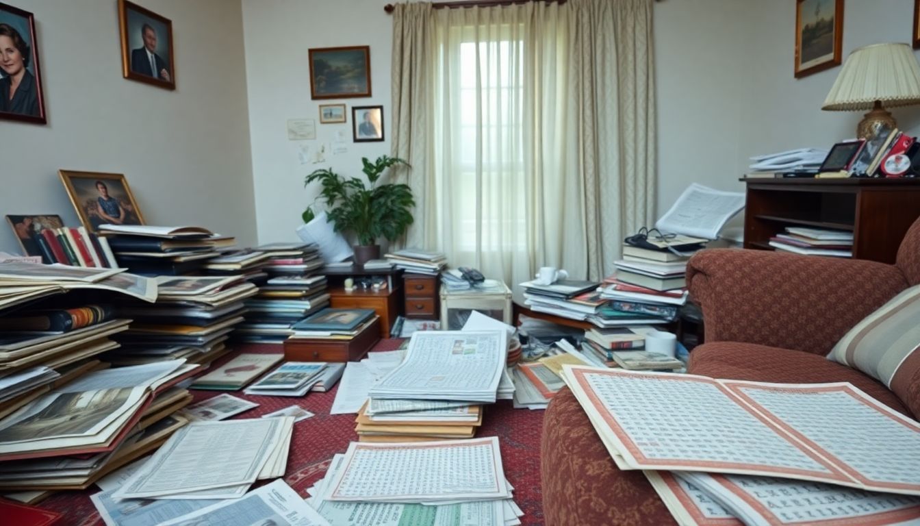 A cluttered living room with old photo albums and scattered newspapers. A cluttered living room with old photo albums and scattered newspapers.