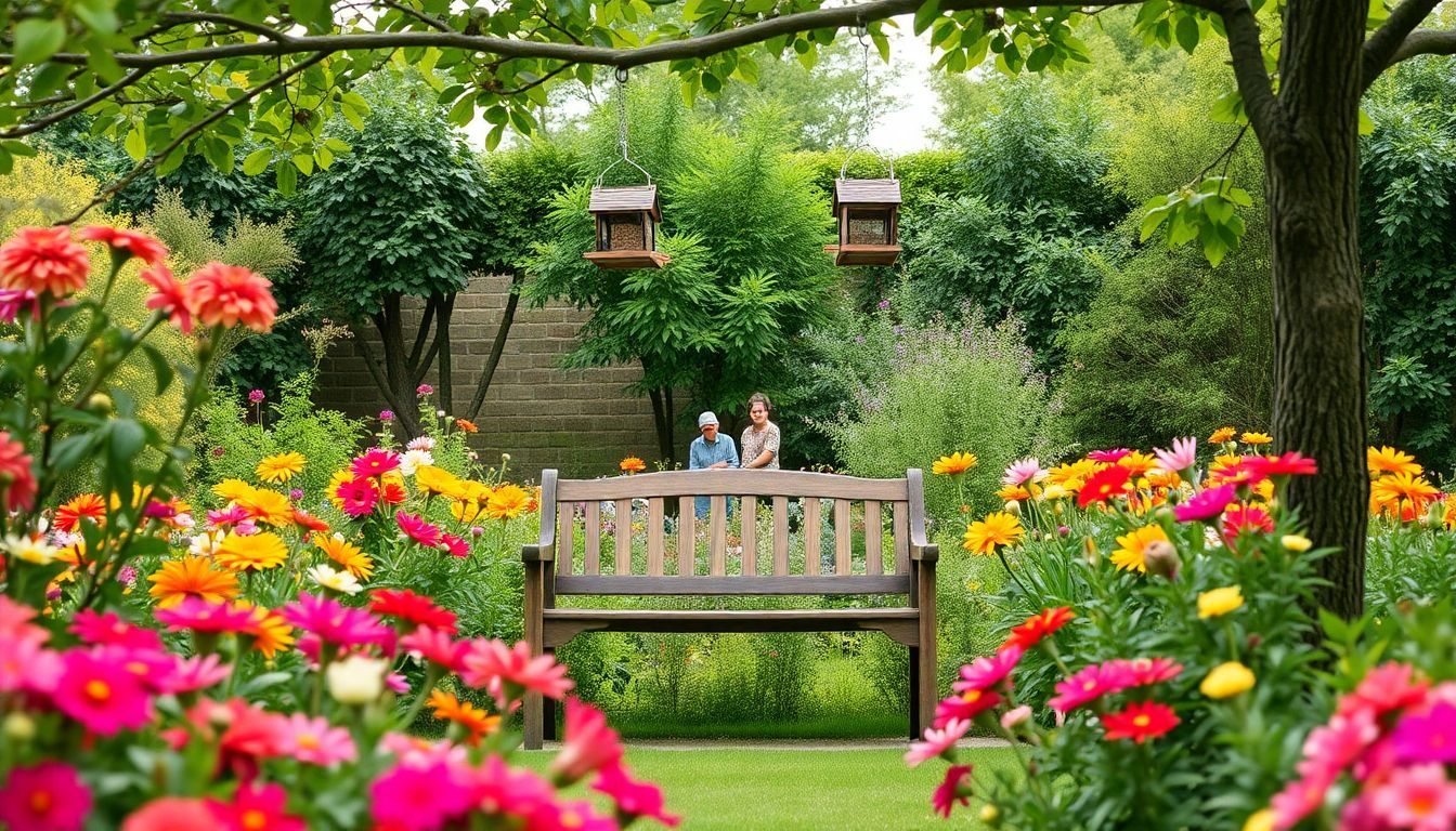 A peaceful garden with flowers, a bench, and bird feeders.