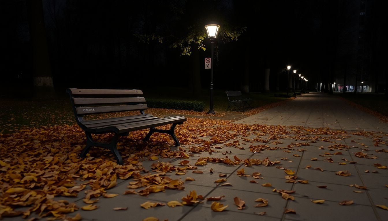 An empty park bench surrounded by fallen leaves under a street lamp. An empty park bench surrounded by fallen leaves under a street lamp.