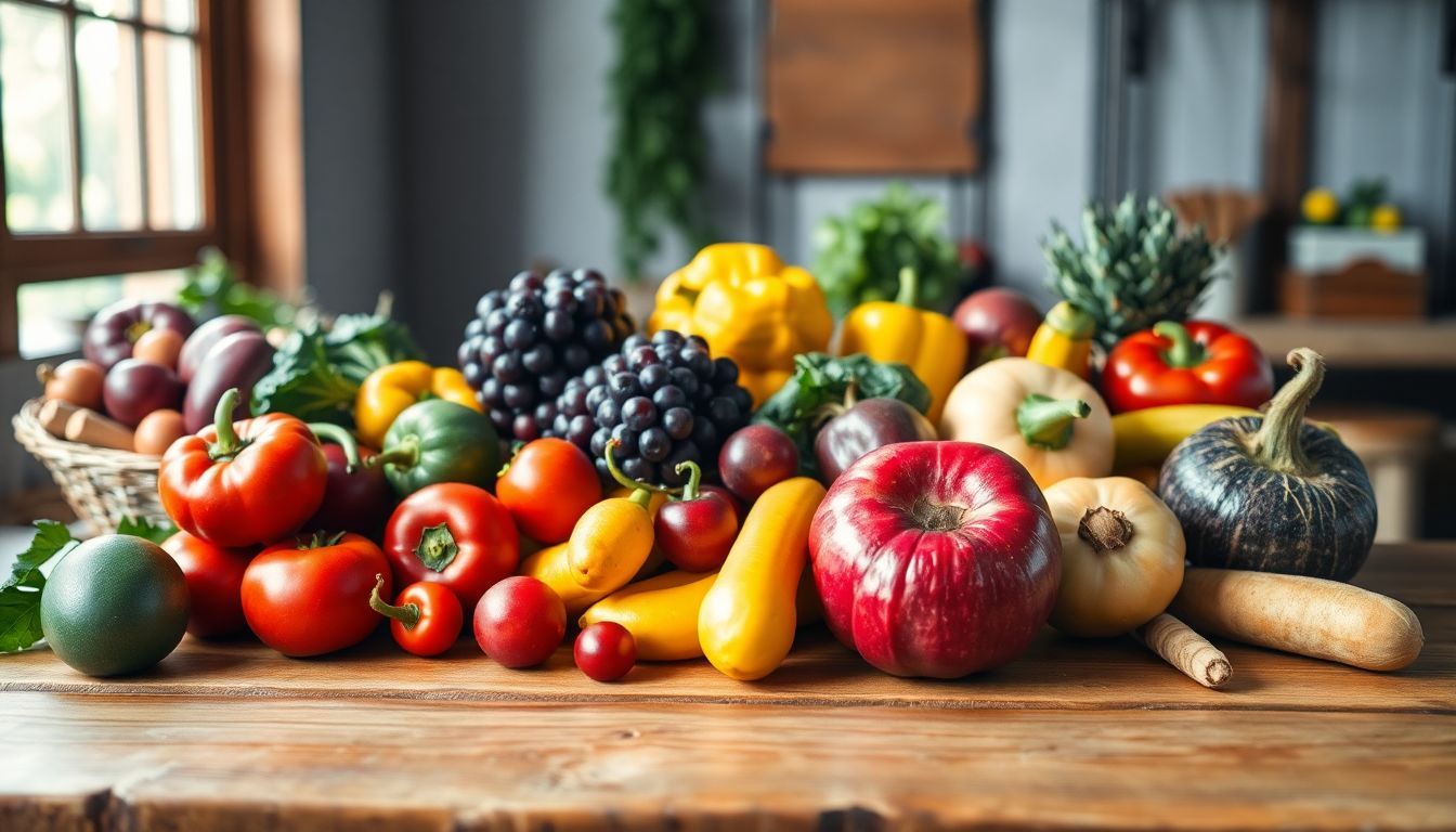 A variety of colorful fruits and vegetables arranged on a wooden table. A variety of colorful fruits and vegetables arranged on a wooden table.