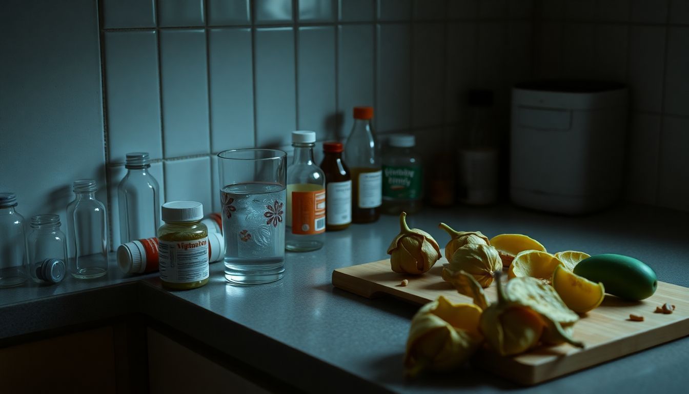 Cluttered kitchen counter with empty vitamin bottles, wilted fruits, and water glass. Cluttered kitchen counter with empty vitamin bottles, wilted fruits, and water glass.