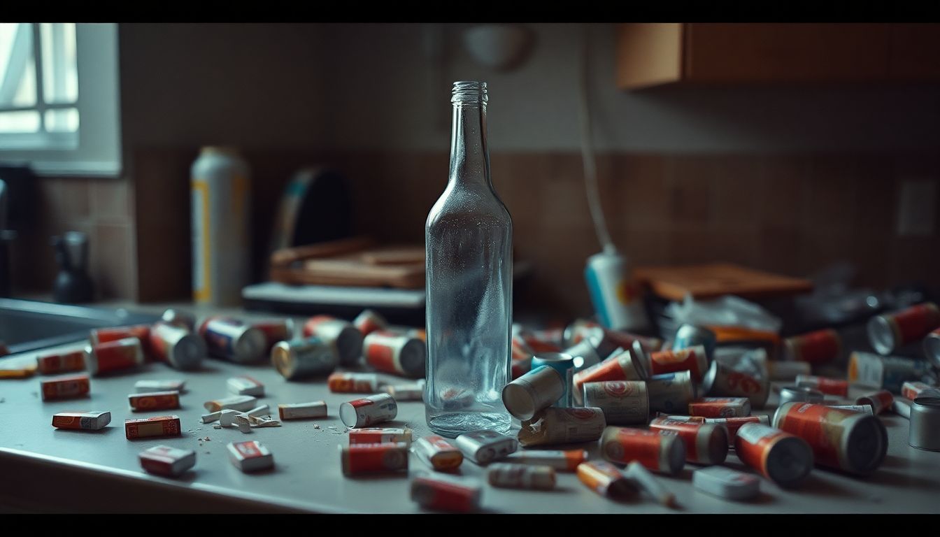 An empty alcohol bottle sits on cluttered kitchen counter, conveying loneliness.