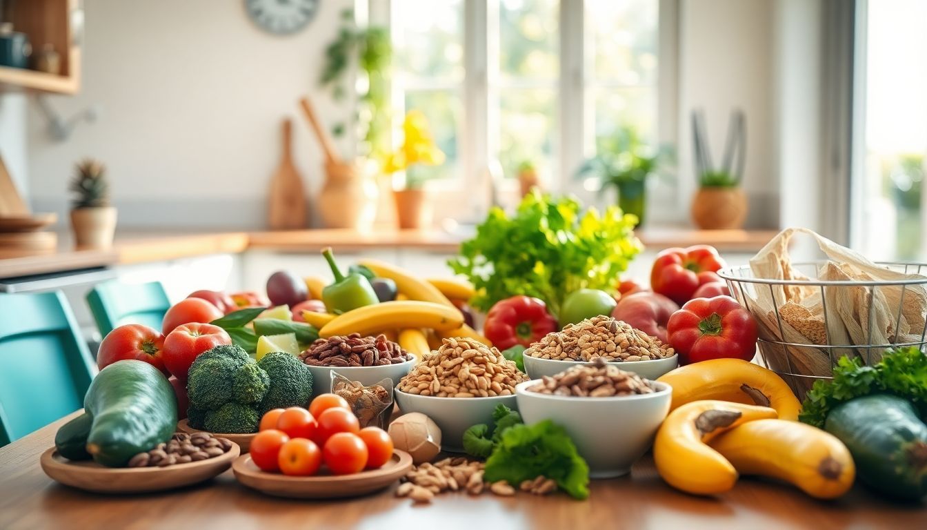 A table filled with colorful fruits, vegetables, nuts, and whole grains.