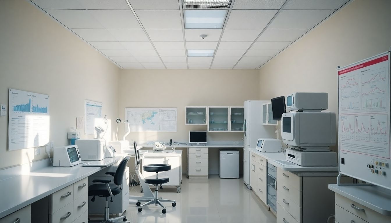 A medical research laboratory with advanced equipment for breast cancer treatments. A medical research laboratory with advanced equipment for breast cancer treatments.