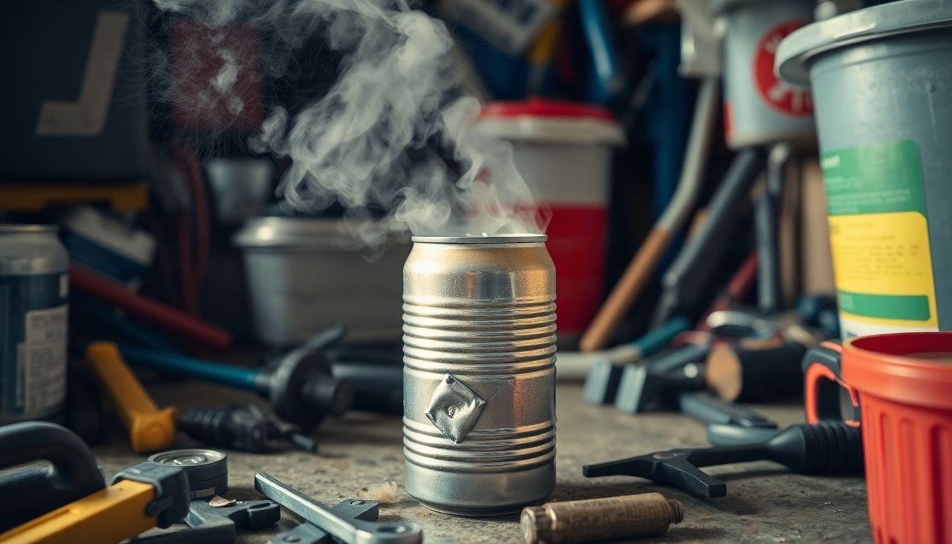 A crushed metal can sits in a cluttered garage surrounded by tools. A crushed metal can sits in a cluttered garage surrounded by tools.