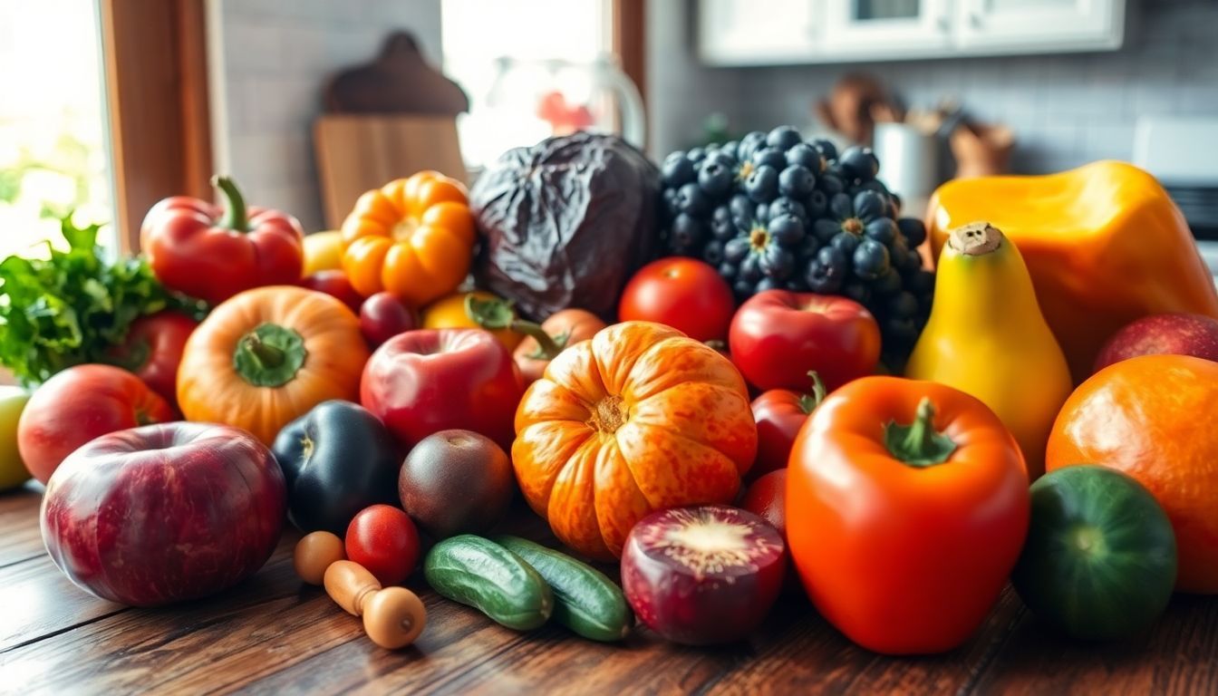 A variety of colorful fruits and vegetables on a wooden table. A variety of colorful fruits and vegetables on a wooden table.