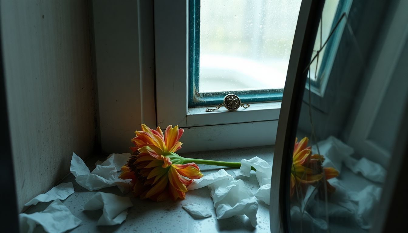 A wilted flower on a damp window sill in a neglected room. A wilted flower on a damp window sill in a neglected room.