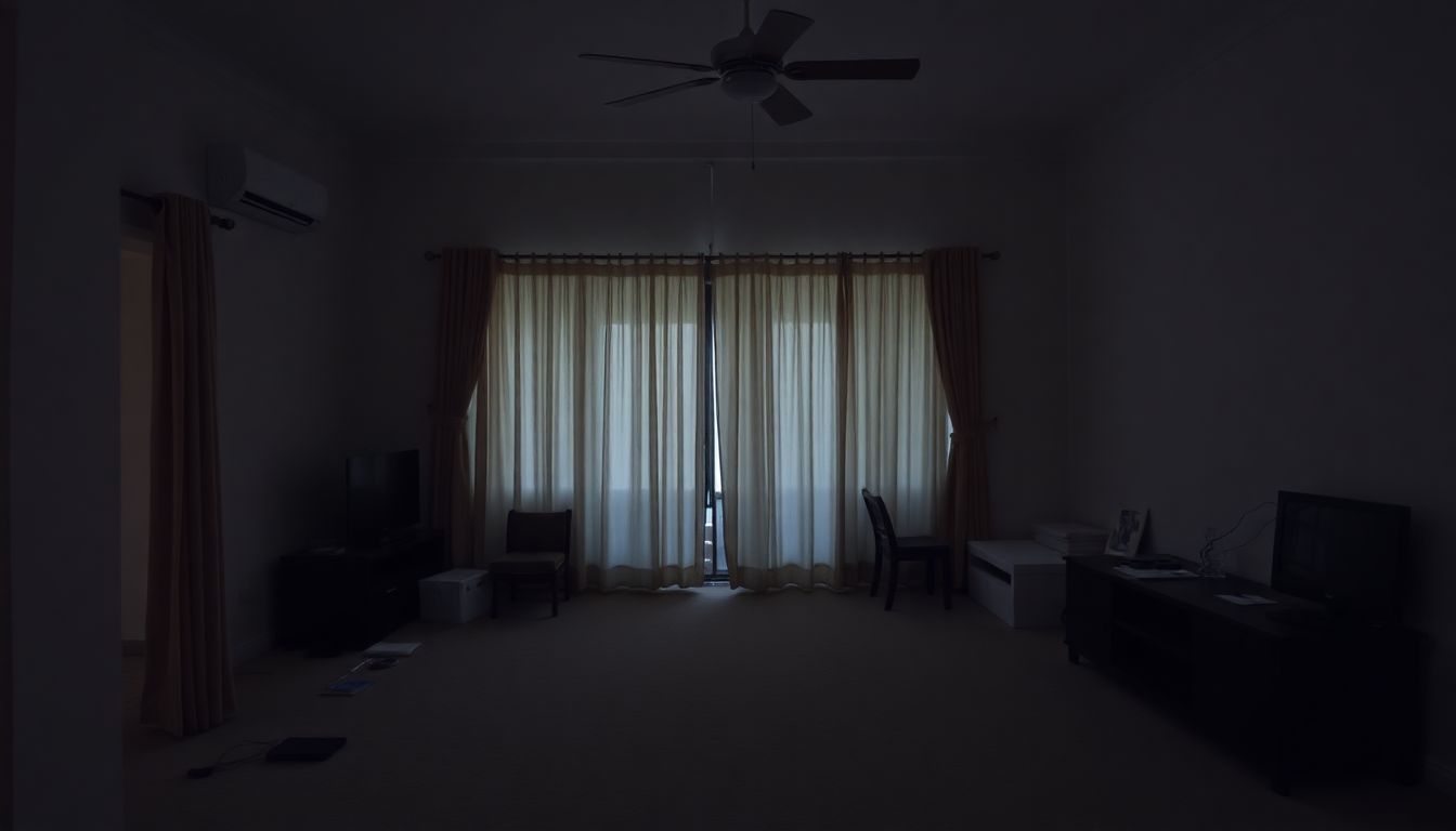 An empty, neglected living room with scattered items and closed curtains.