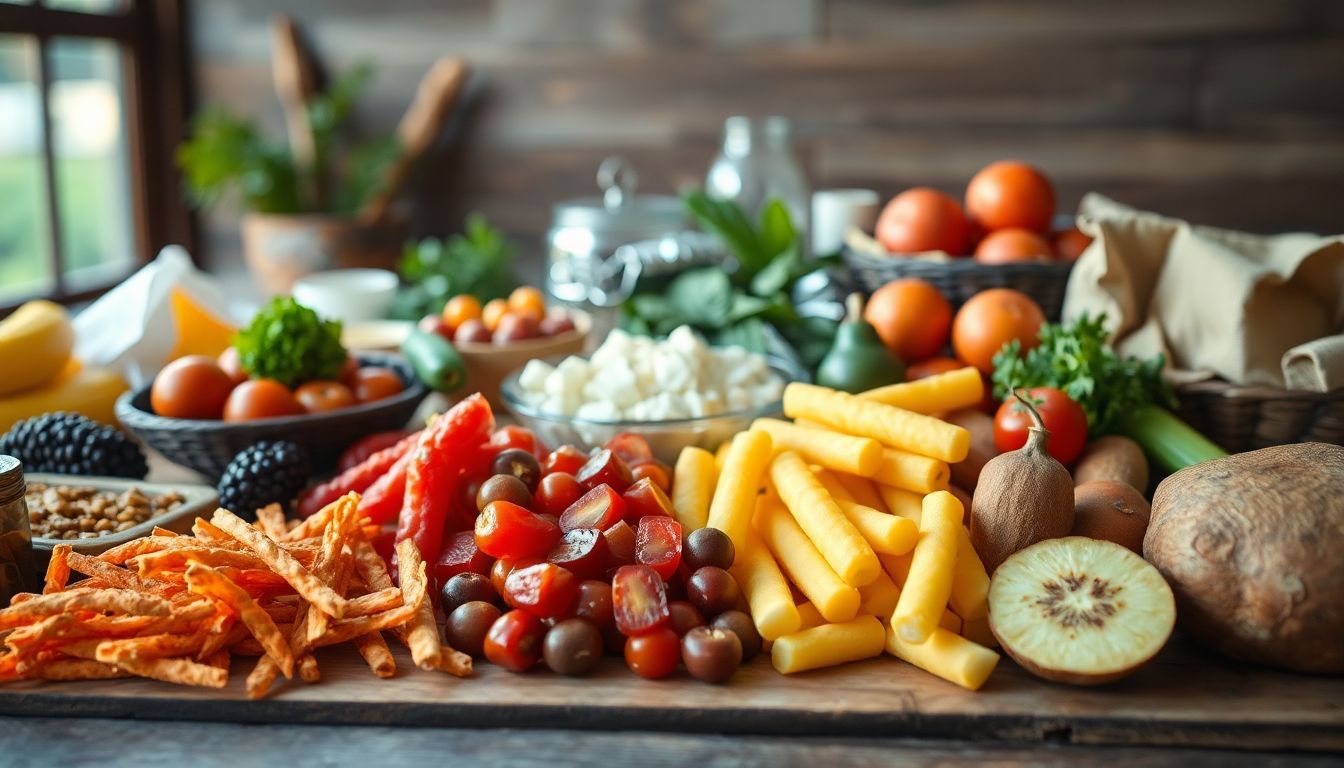 A close-up of various foods on a wooden table illustrating glycemic index. A close-up of various foods on a wooden table illustrating glycemic index.