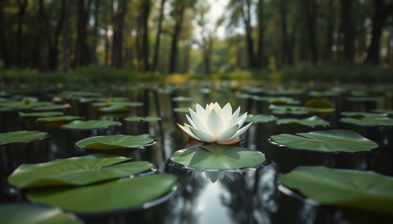 A white lotus flower floats on calm water surrounded by lily pads in a serene forest. A white lotus flower floats on calm water surrounded by lily pads in a serene forest.