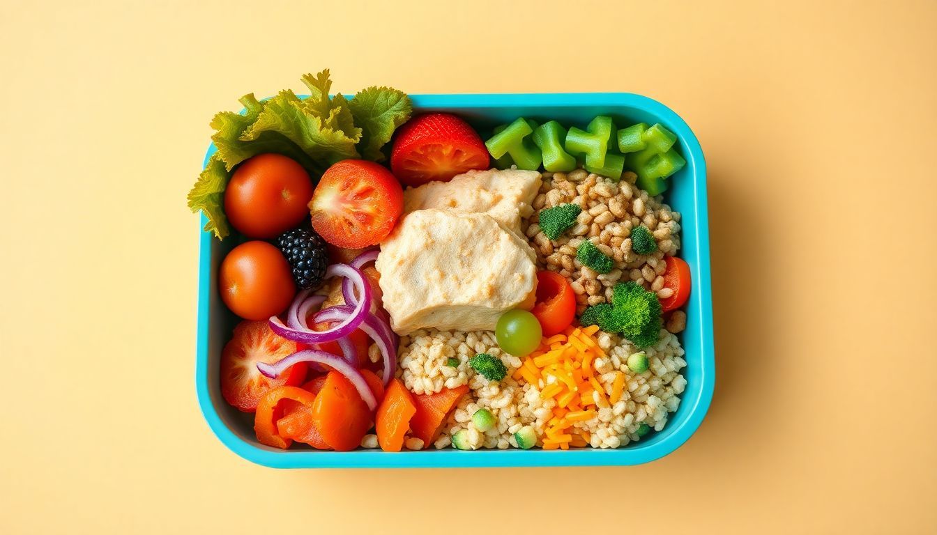 A neatly arranged bento box featuring a variety of healthy foods. A neatly arranged bento box featuring a variety of healthy foods.