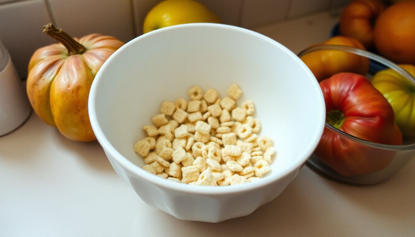 An empty cereal bowl and wilted fruits on a cluttered counter. An empty cereal bowl and wilted fruits on a cluttered counter.