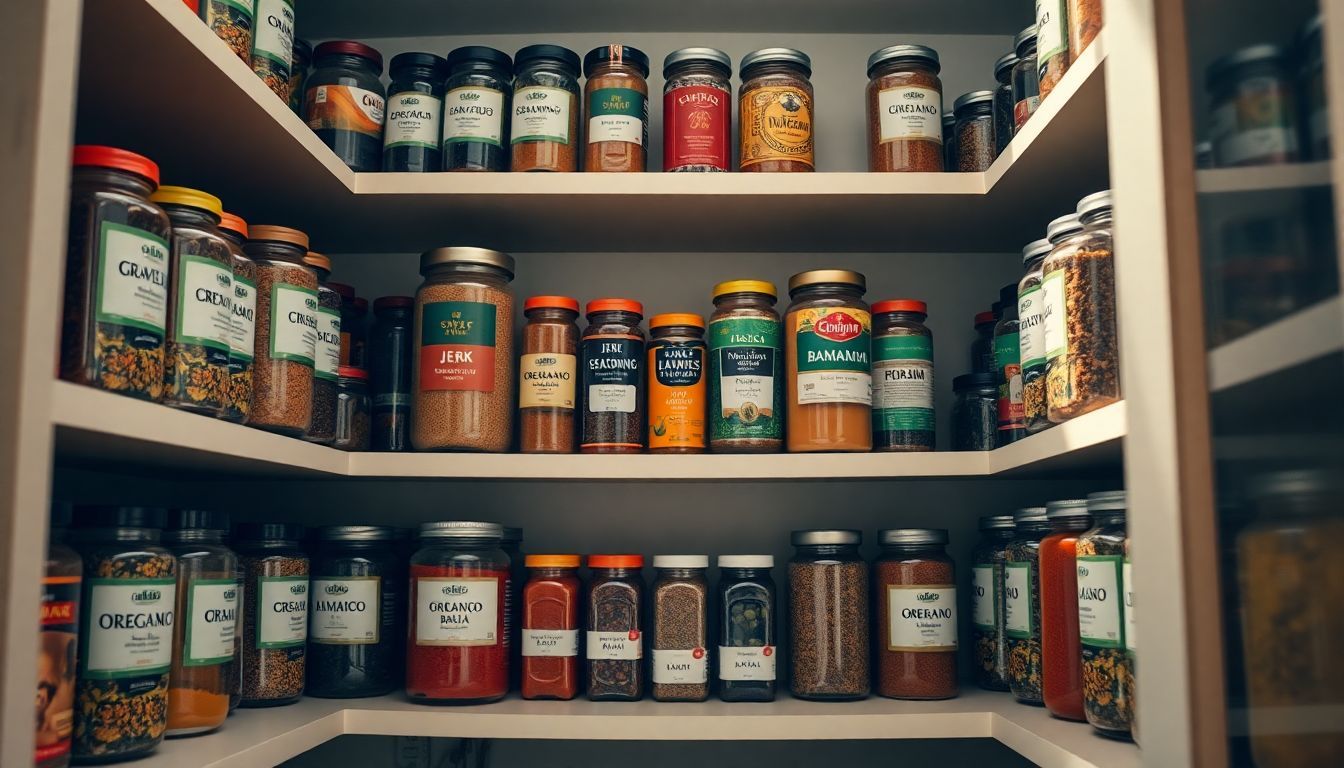 A well-organized pantry filled with labeled jars of colorful spices. A well-organized pantry filled with labeled jars of colorful spices.