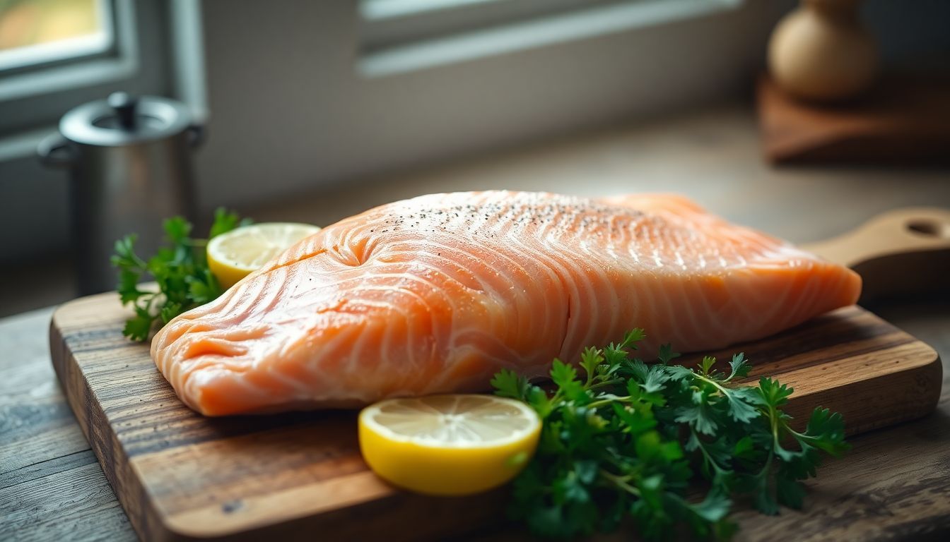A fresh whole salmon displayed on a rustic cutting board with herbs. A fresh whole salmon displayed on a rustic cutting board with herbs.
