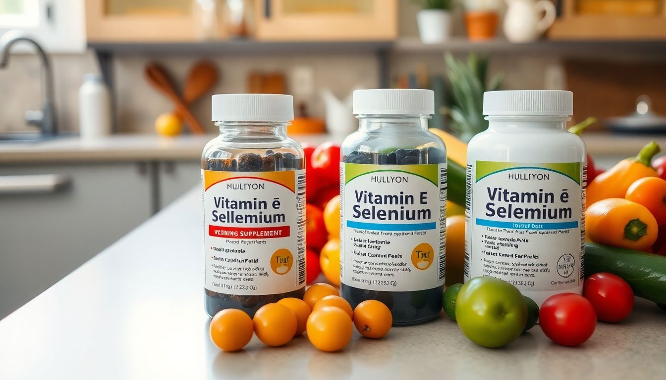 A kitchen tabletop with vitamin supplements and fresh produce.