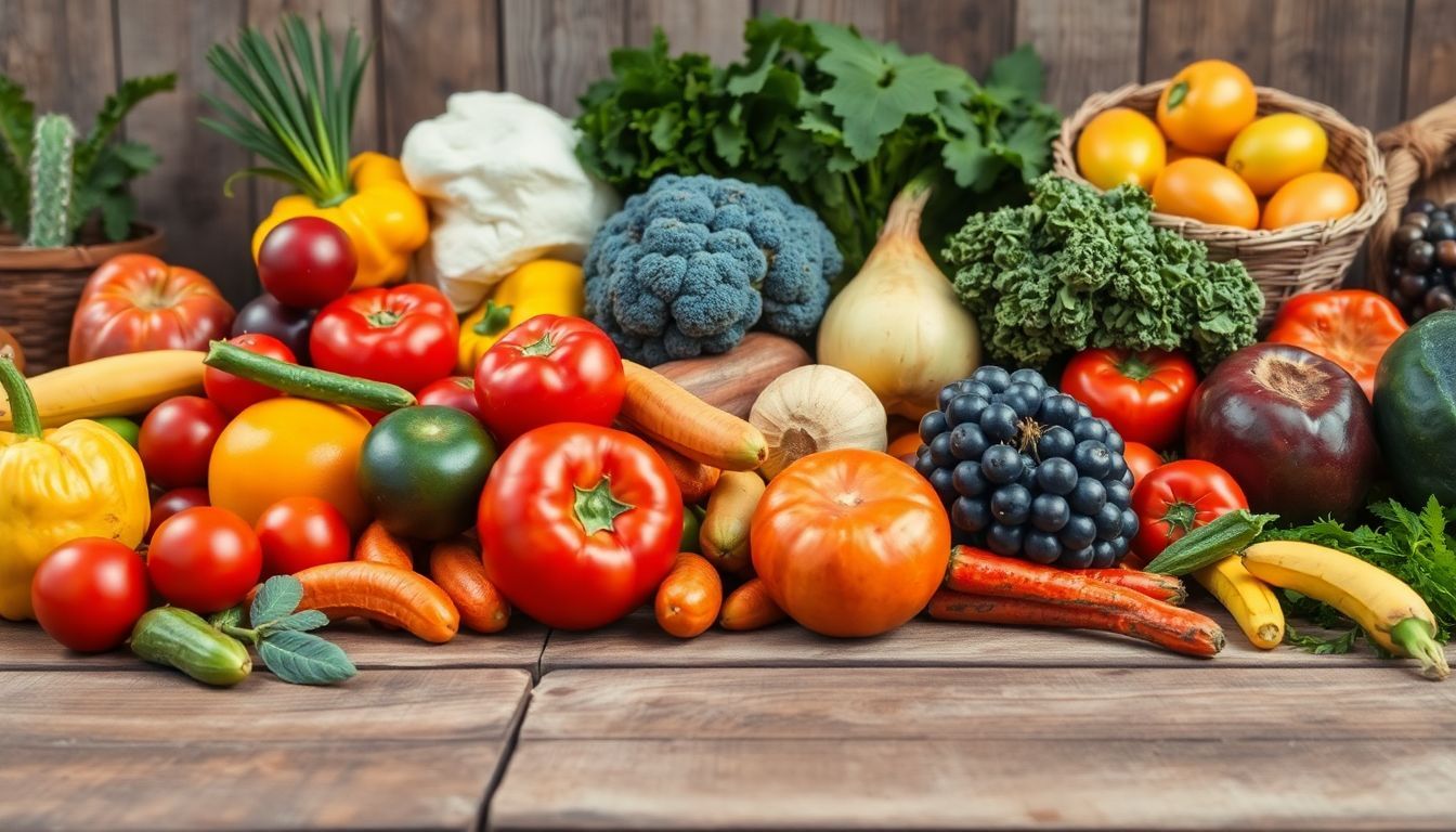 A variety of fresh fruits and vegetables arranged on a wooden table. A variety of fresh fruits and vegetables arranged on a wooden table.