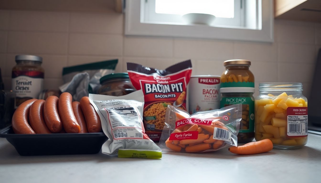 A cluttered kitchen counter with high-sodium processed foods. A cluttered kitchen counter with high-sodium processed foods.