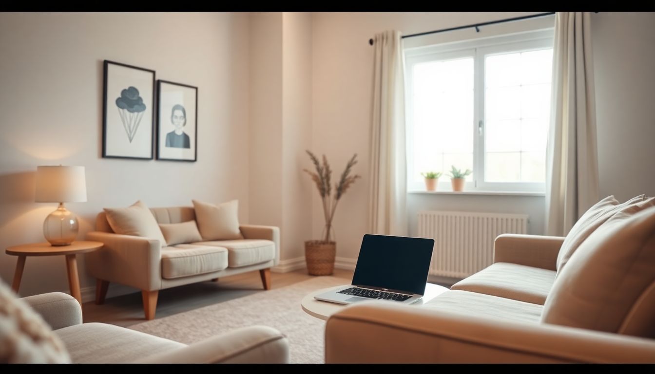 A peaceful virtual therapy room with cozy seating arrangements and a laptop for telehealth sessions. A peaceful virtual therapy room with cozy seating arrangements and a laptop for telehealth sessions.