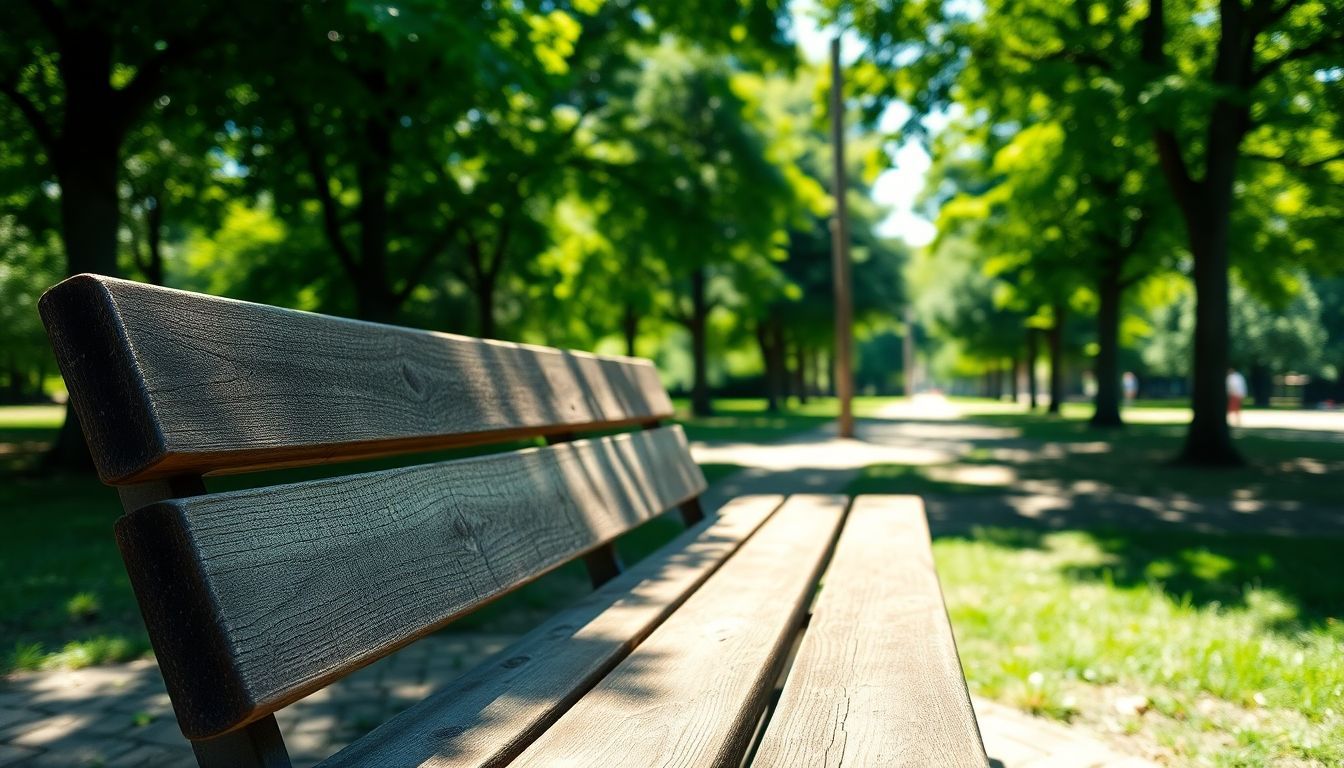 A weathered wooden bench in a peaceful, sunny park setting. A weathered wooden bench in a peaceful, sunny park setting.