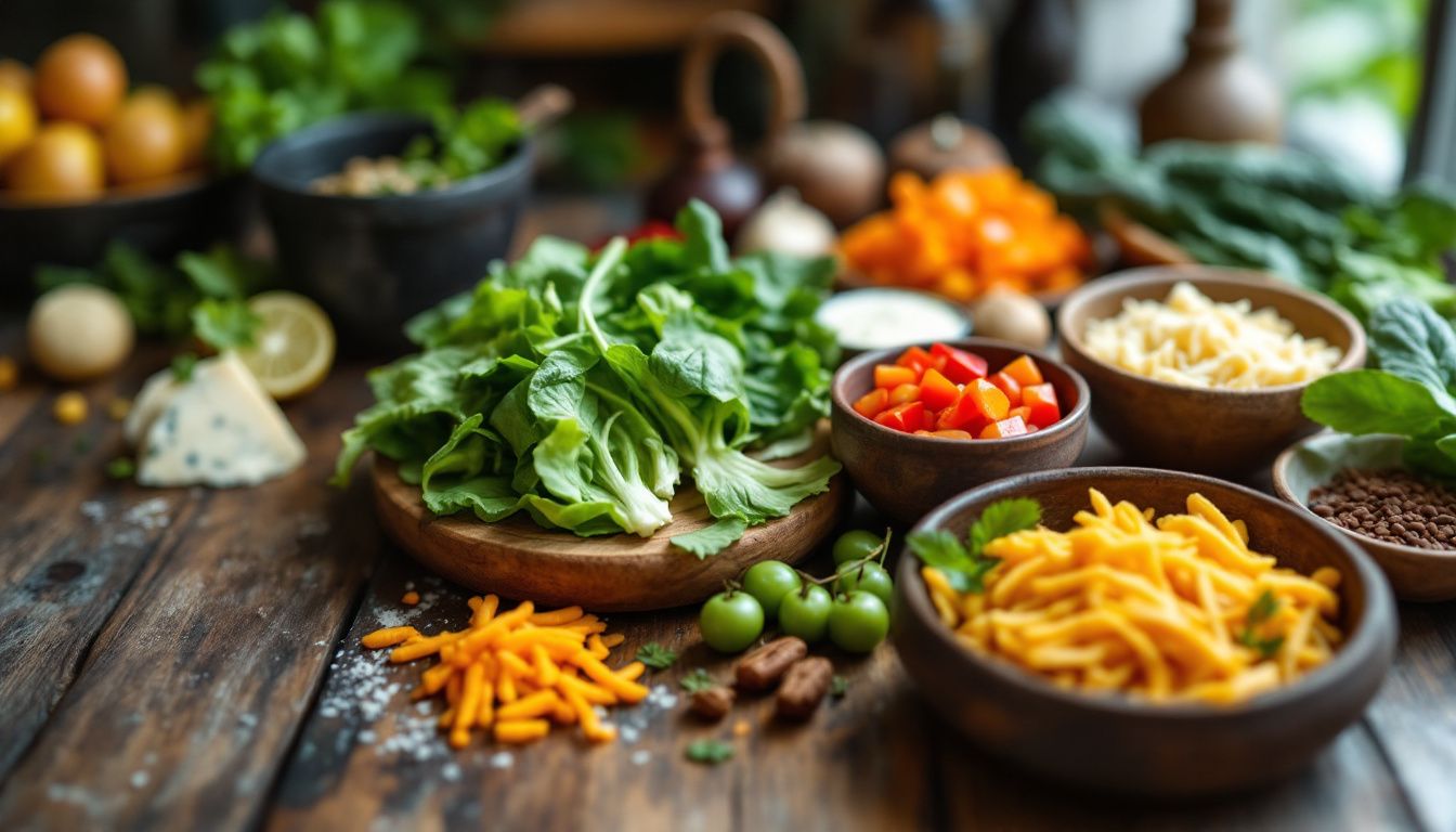 Colorful salad ingredients on wooden table