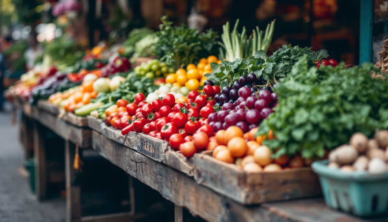 Colorful fresh vegetables at a market stall