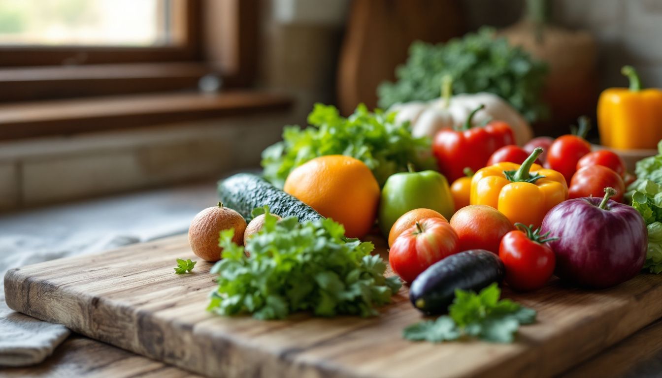 Assorted fresh vegetables on wooden kitchen counter.