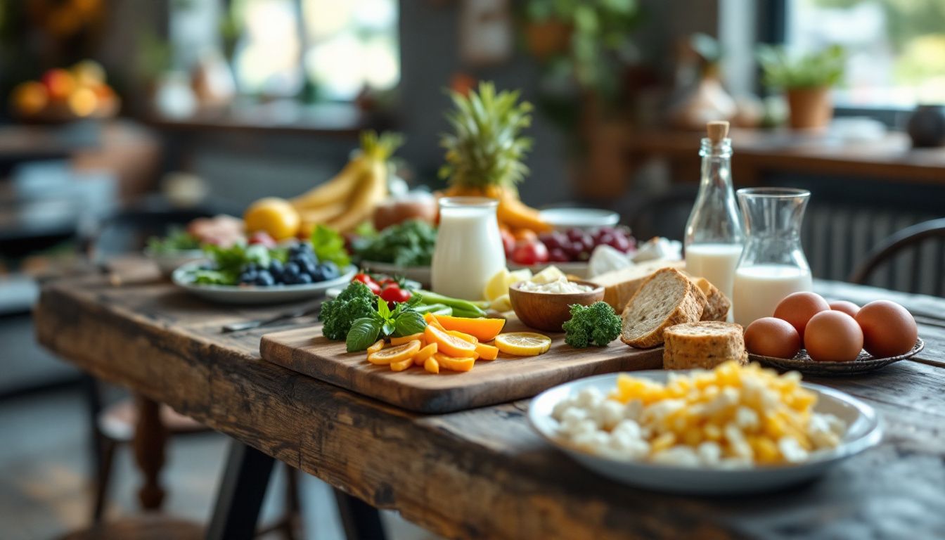 Healthy breakfast with fruits, milk, and eggs.