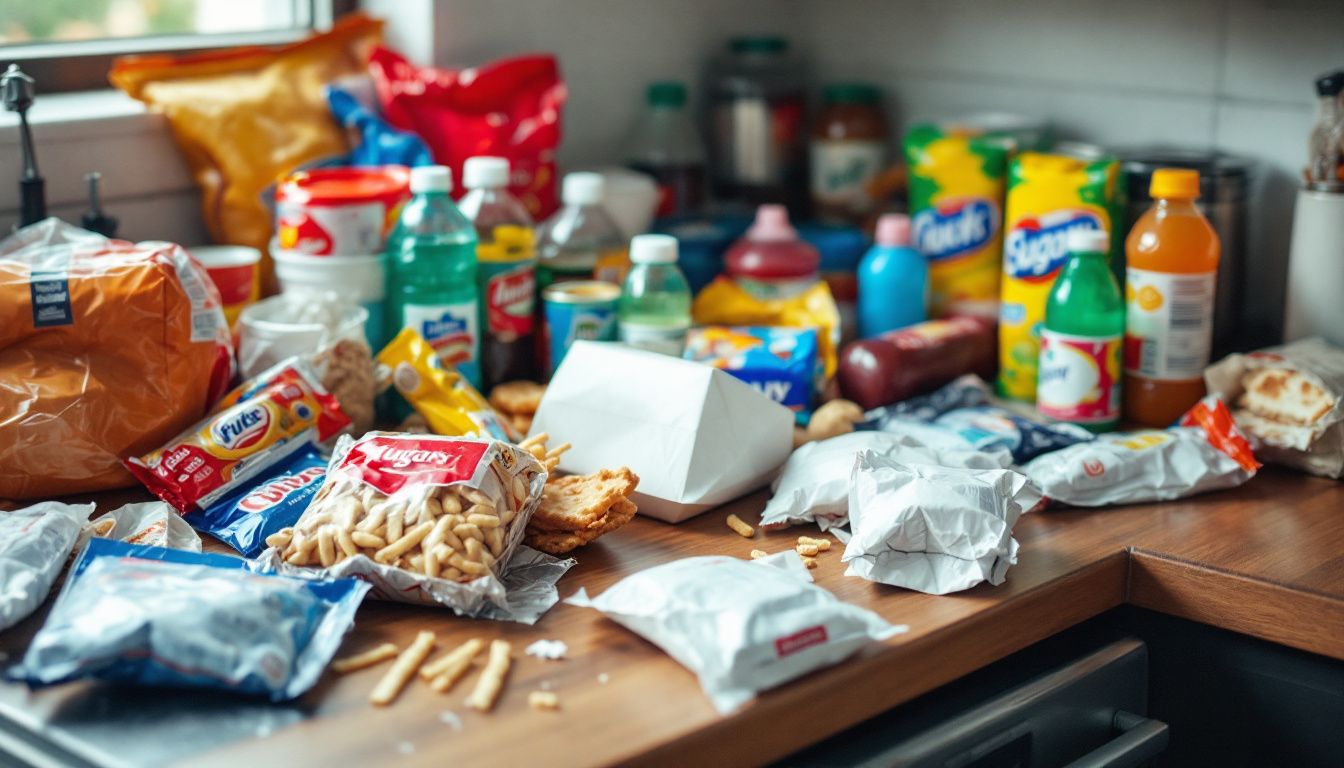 Assorted snack food packages on a kitchen counter.