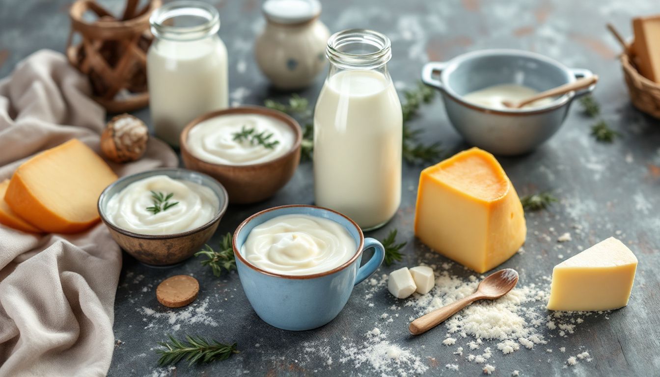 Assorted dairy products on rustic table