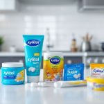 Various xylitol products on a kitchen counter.