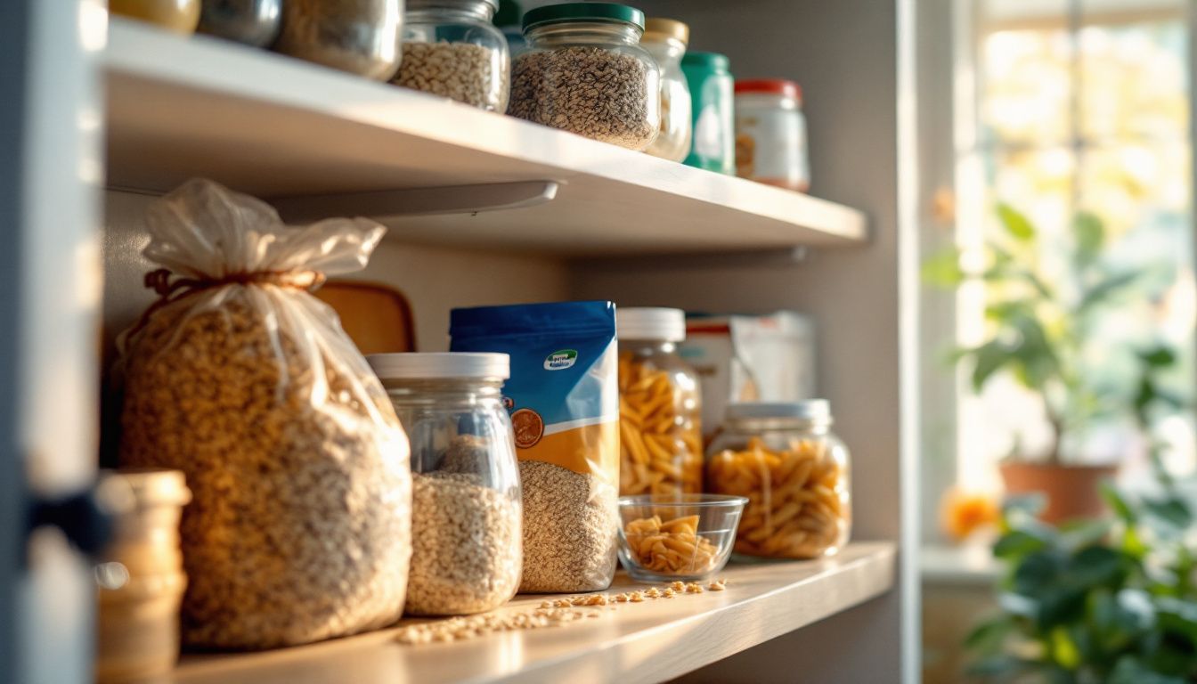 Pantry shelf with jars of grains and pasta.