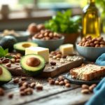 Healthy fats: avocado, nuts, oil, butter on table.