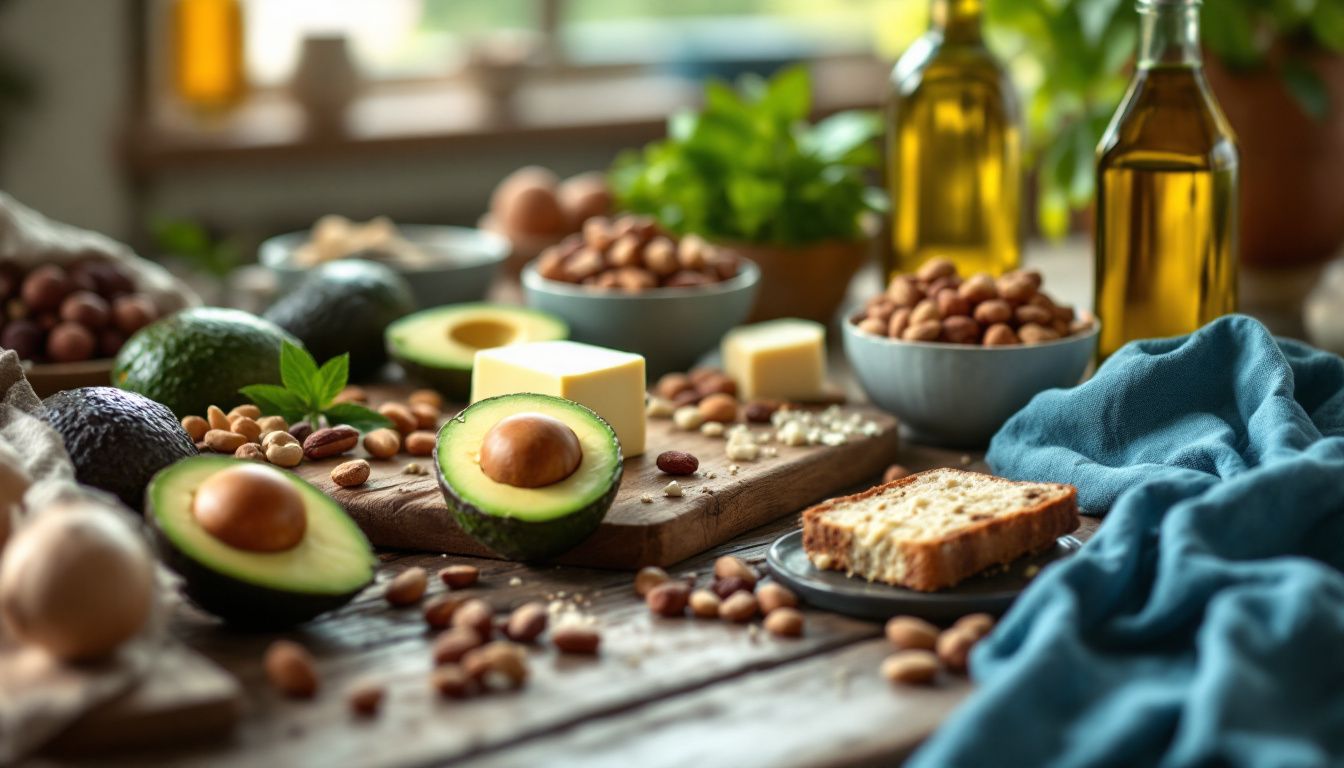 Healthy fats: avocado, nuts, oil, butter on table.