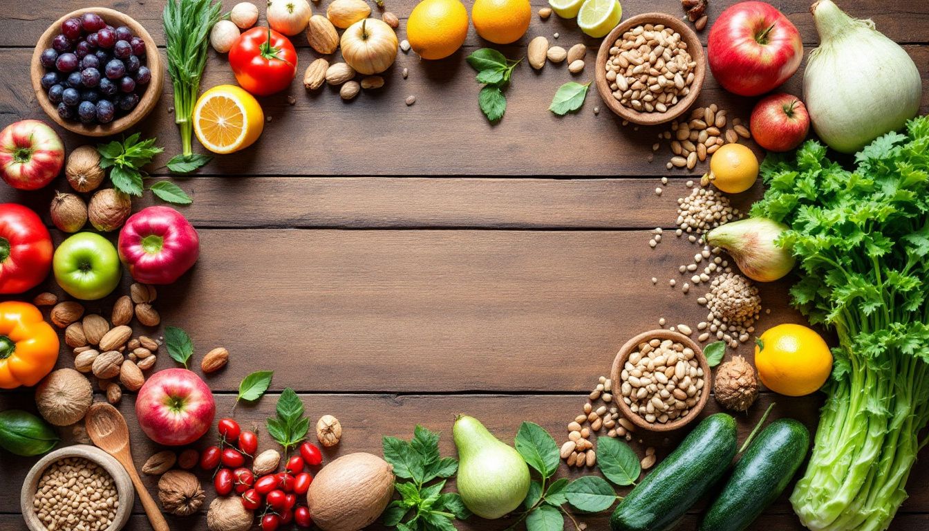 Assorted fruits and vegetables on wooden table