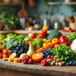 Assorted fresh fruits and vegetables on wooden table.