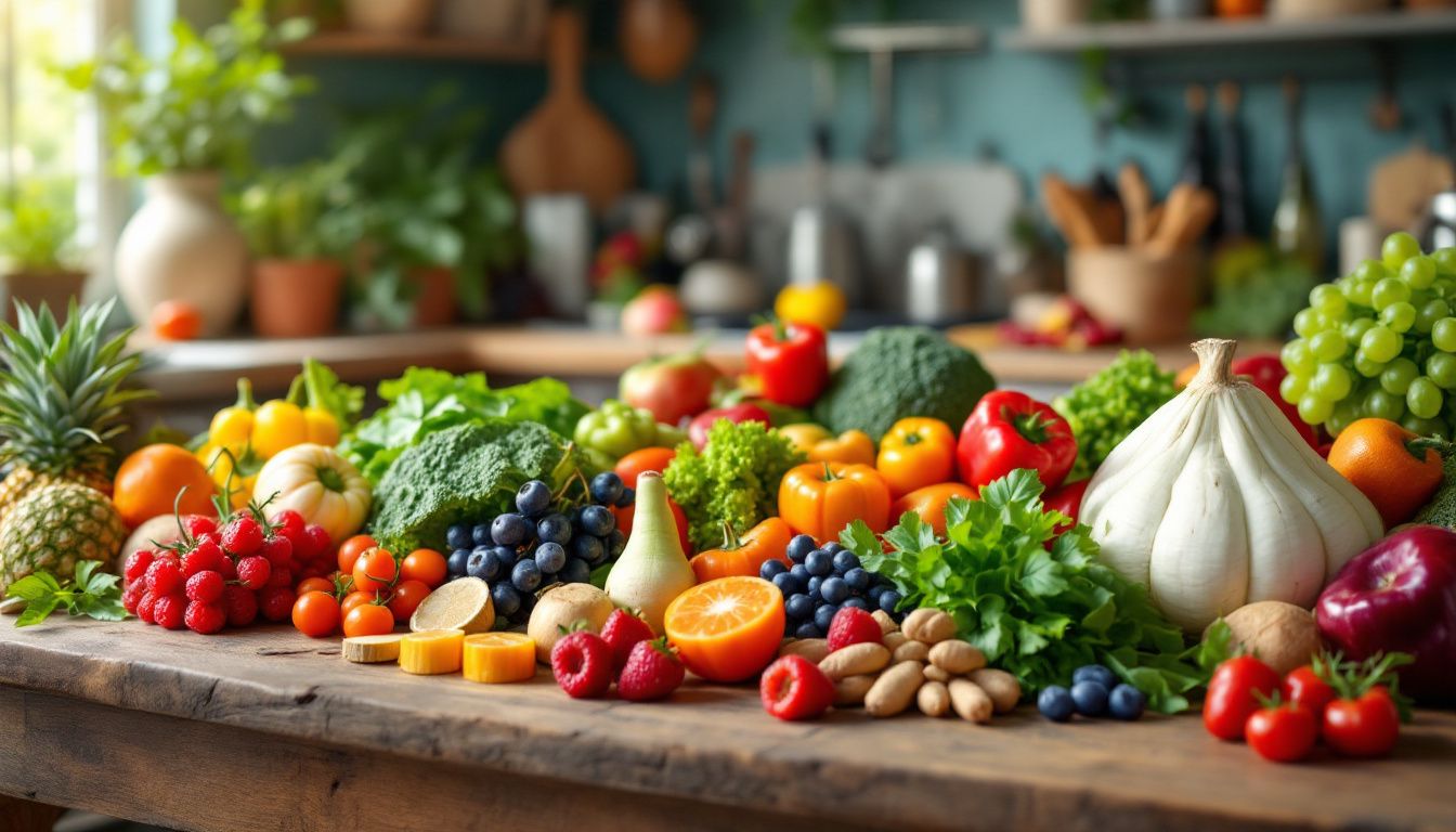 Assorted fresh fruits and vegetables on wooden table.