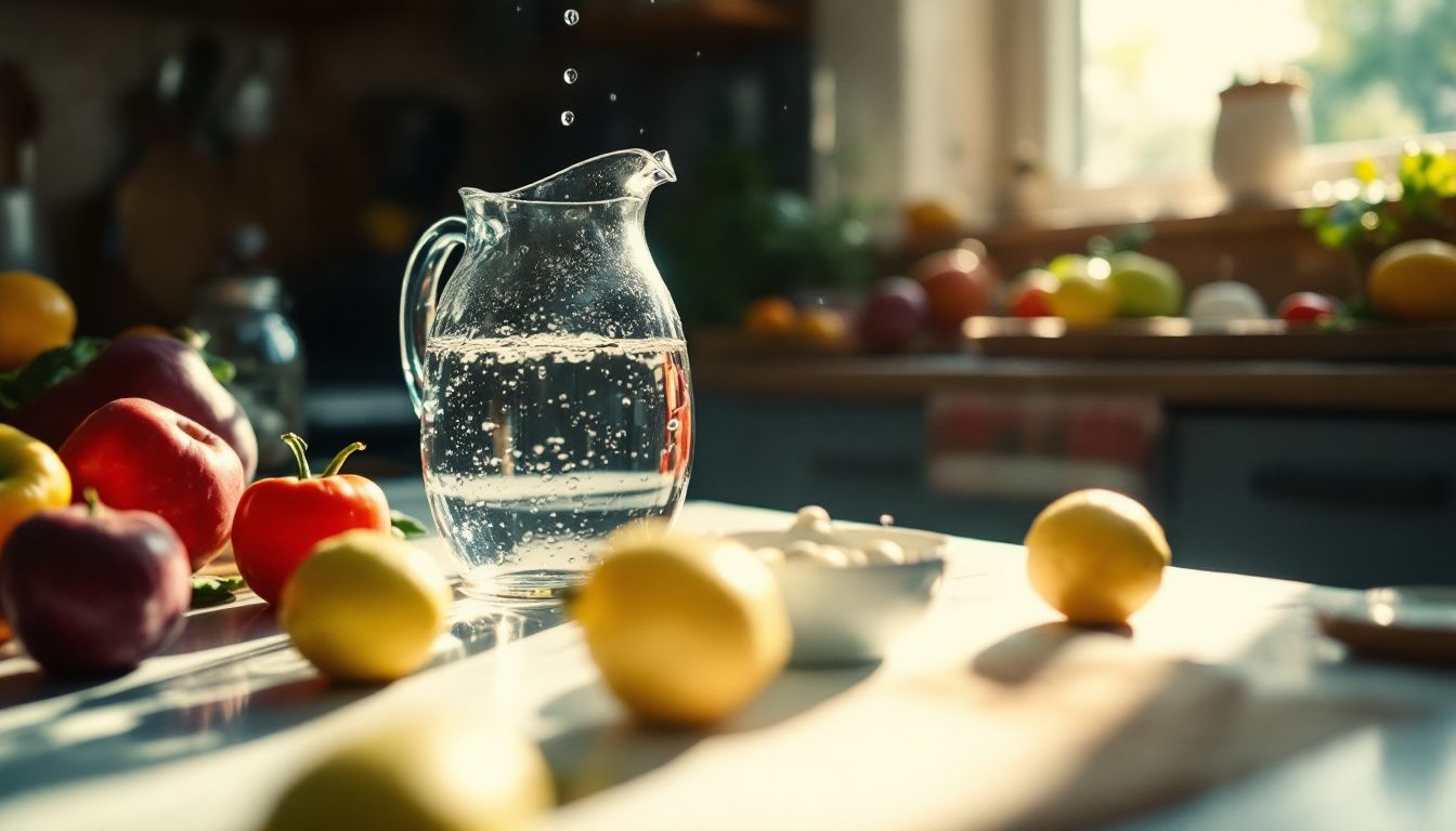 Kitchen scene with water pitcher and fruits