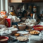 Cluttered kitchen counter with assorted groceries and boxes.