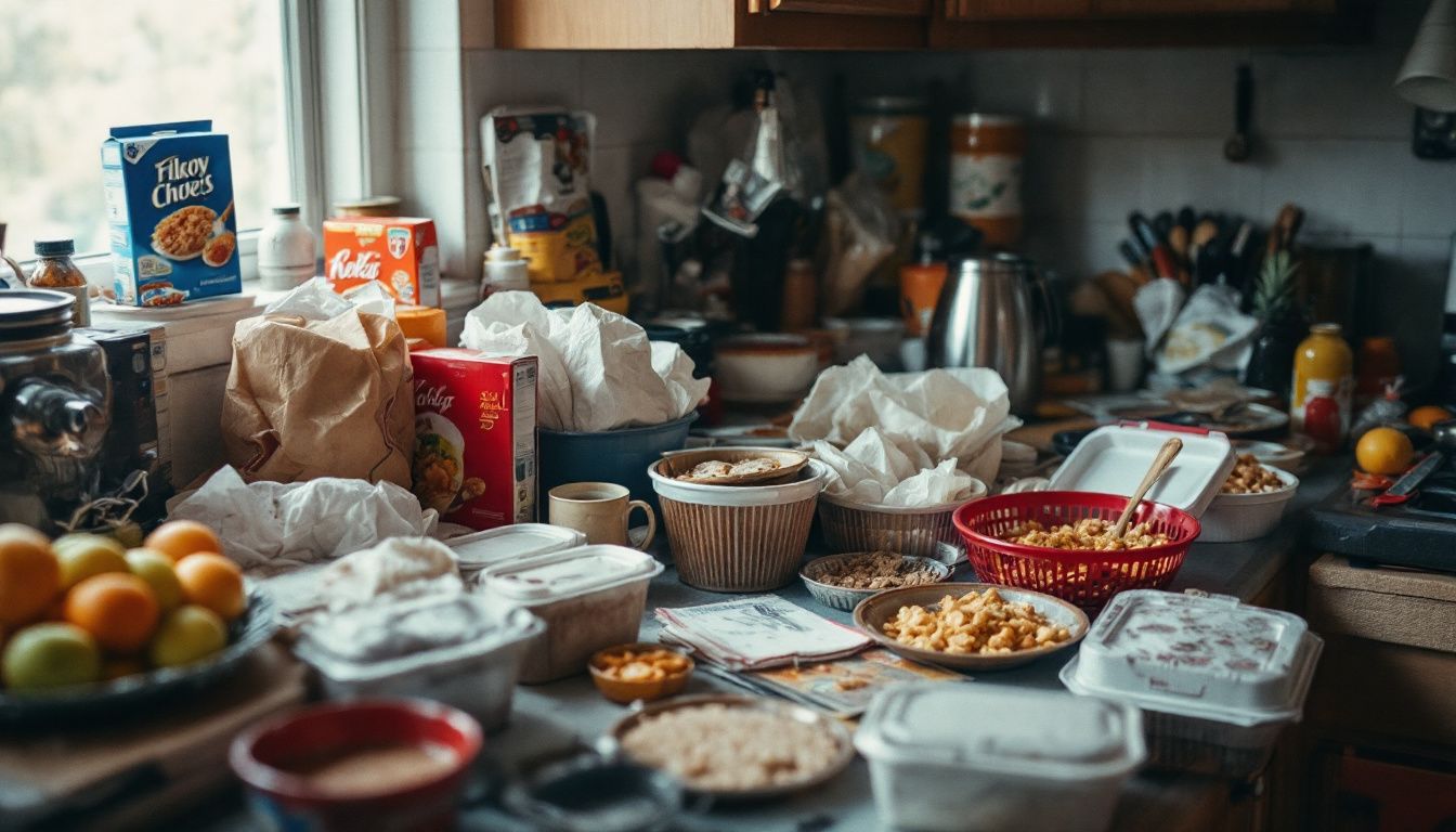 Cluttered kitchen counter with assorted groceries and boxes.