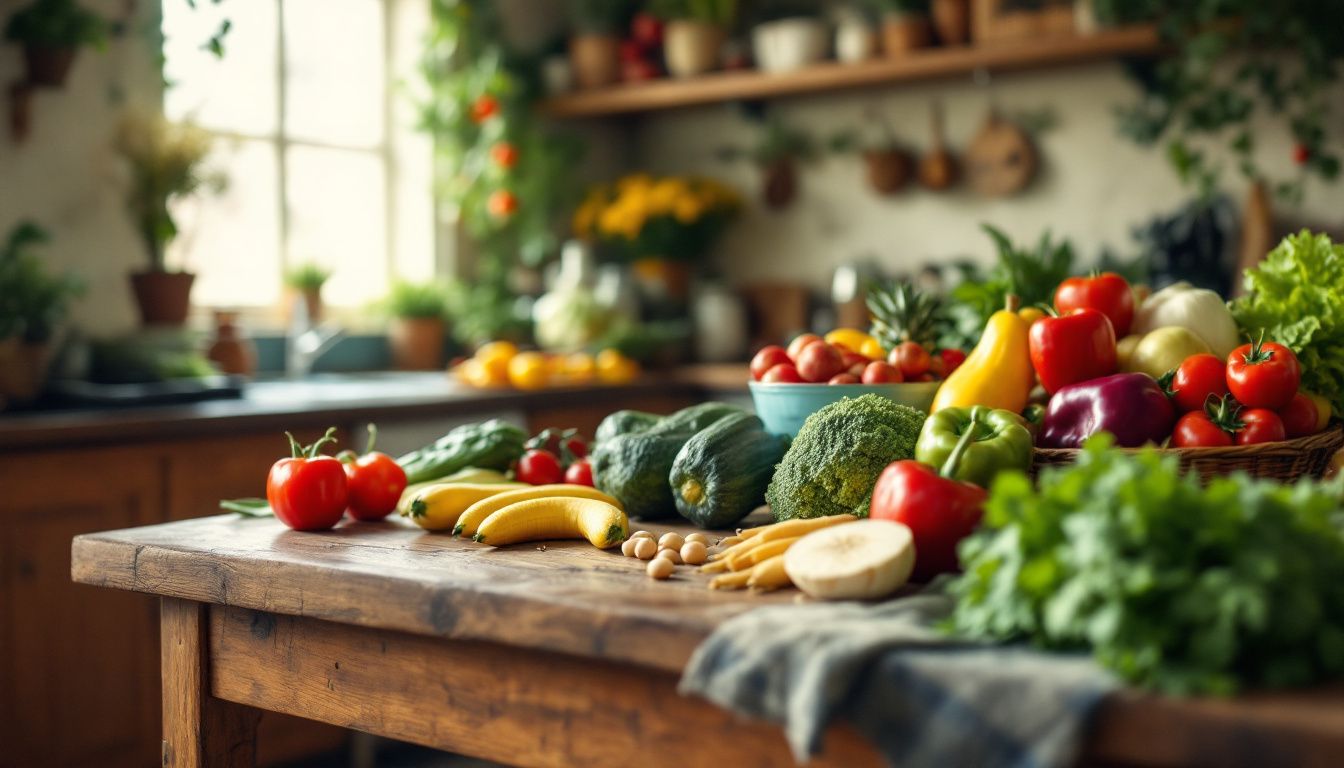 Fresh vegetables and fruits on kitchen table