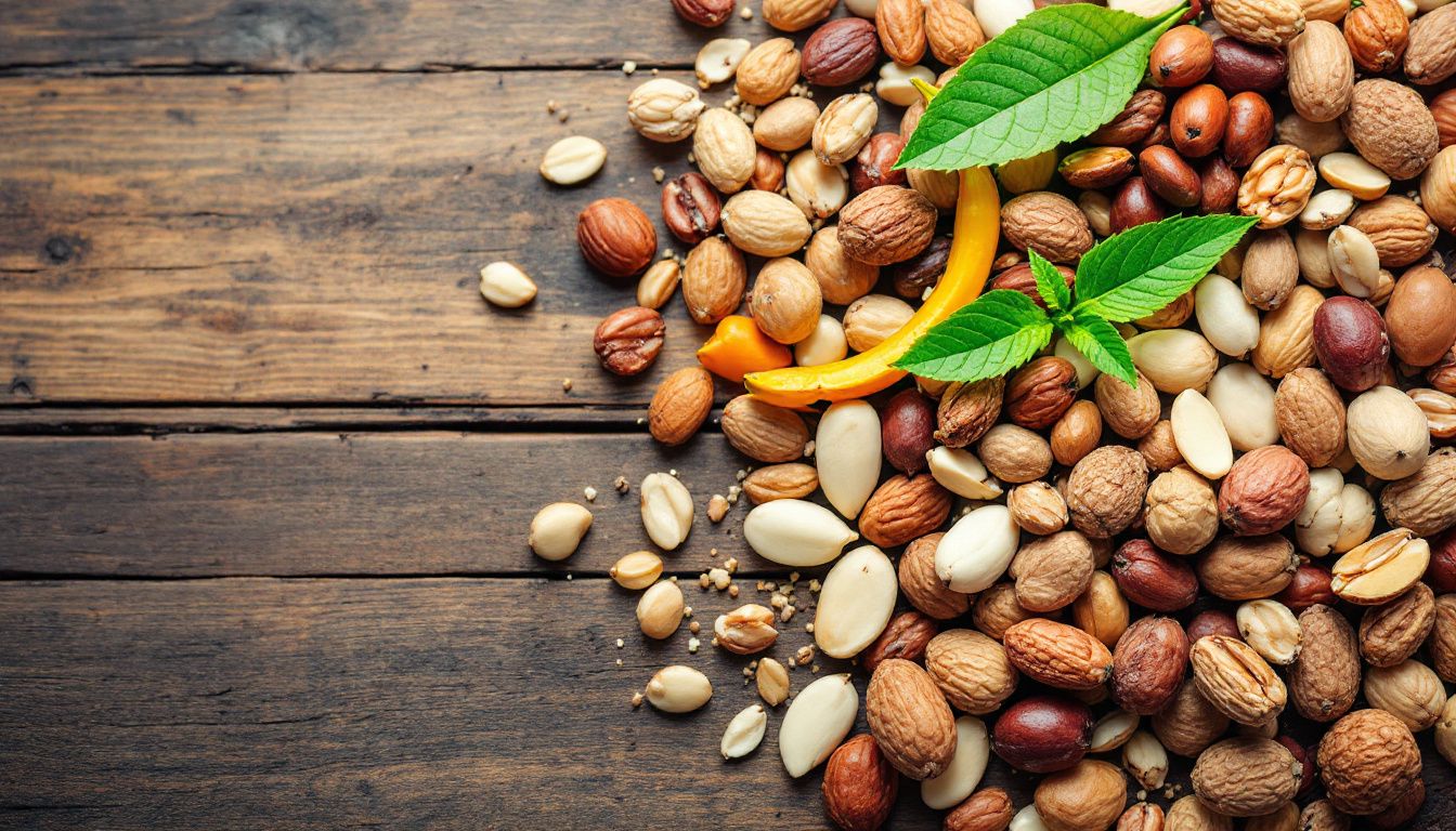 Assorted nuts with green leaves on wooden table.