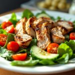 Grilled chicken salad with tomatoes and cucumbers.