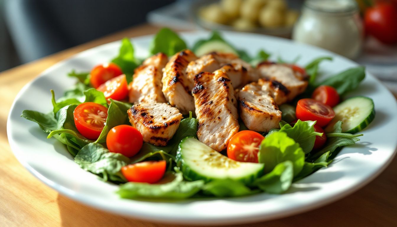 Grilled chicken salad with tomatoes and cucumbers.