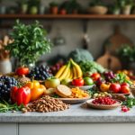 Colorful fruits and vegetables on kitchen countertop