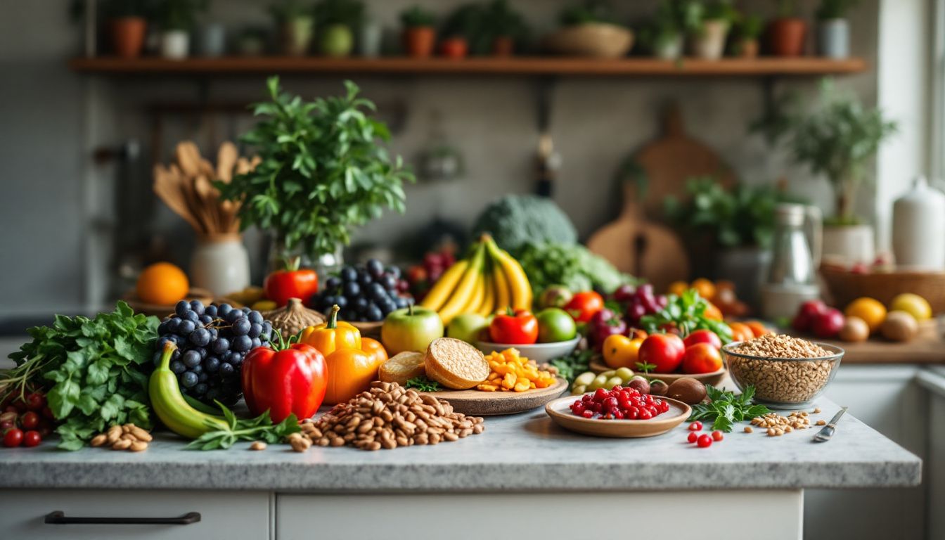 Colorful fruits and vegetables on kitchen countertop