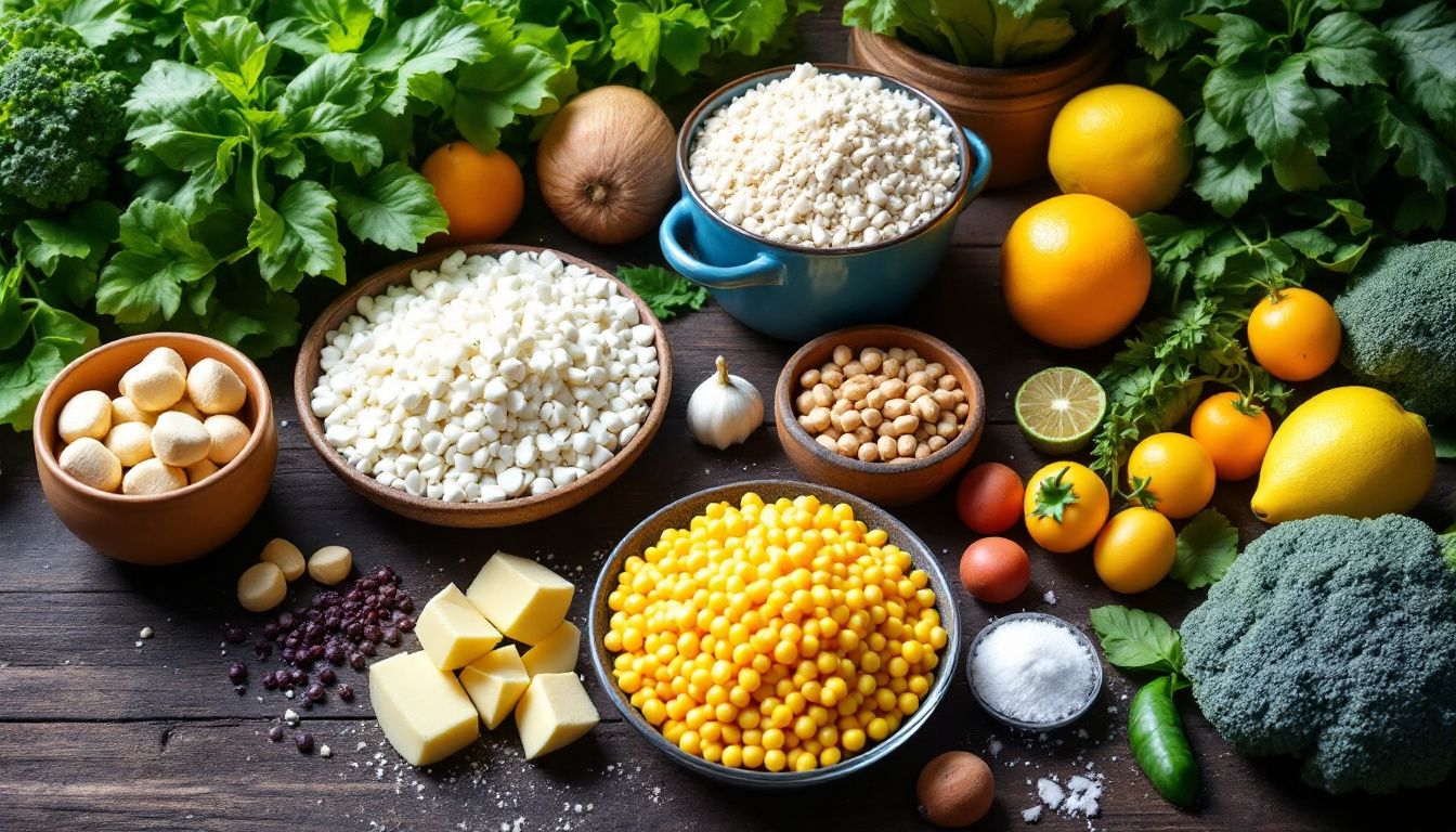 Fresh vegetables and grains on wooden table.