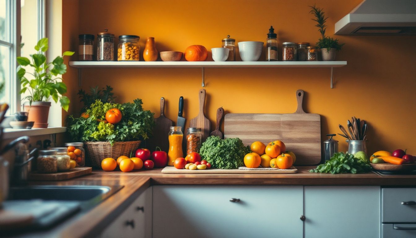 Kitchen counter with fresh vegetables and spices.