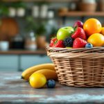 Basket of assorted fresh fruits on table.